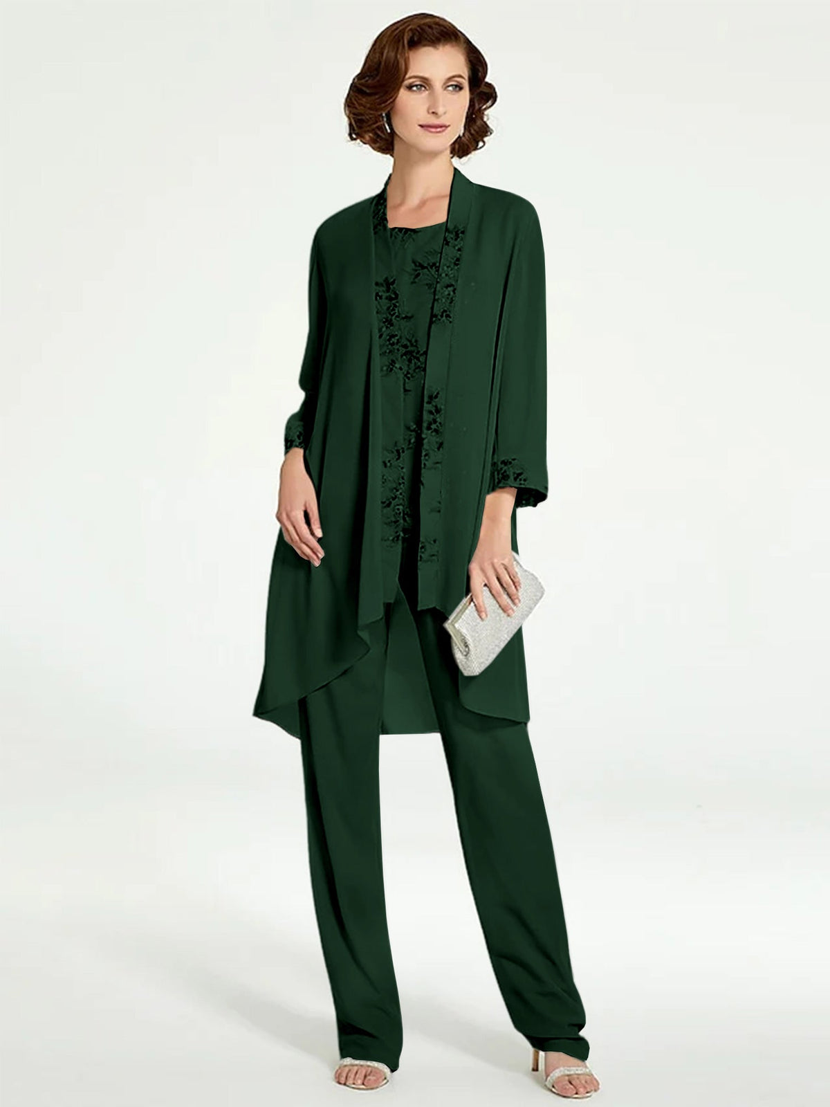 Floor Length Round Neck Chiffon Pantsuits With Jacket For Mother Of The Bride