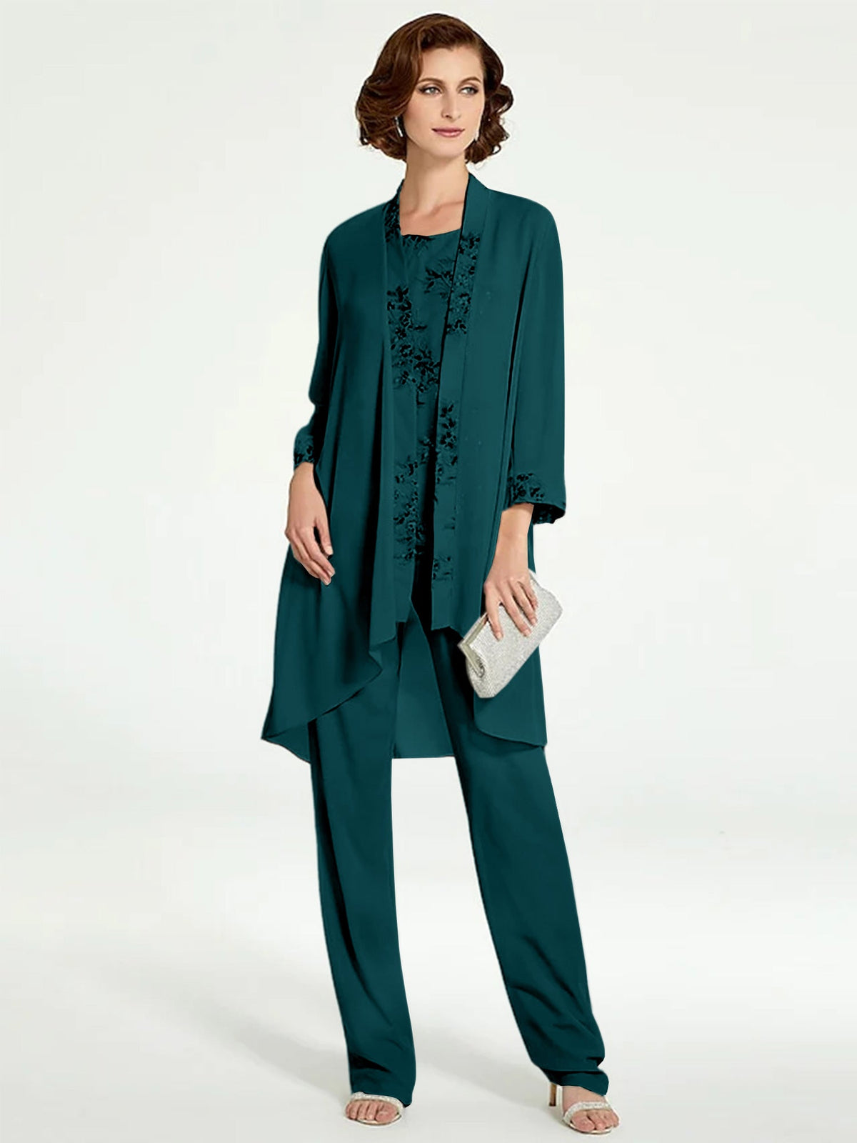 Floor Length Round Neck Chiffon Pantsuits With Jacket For Mother Of The Bride