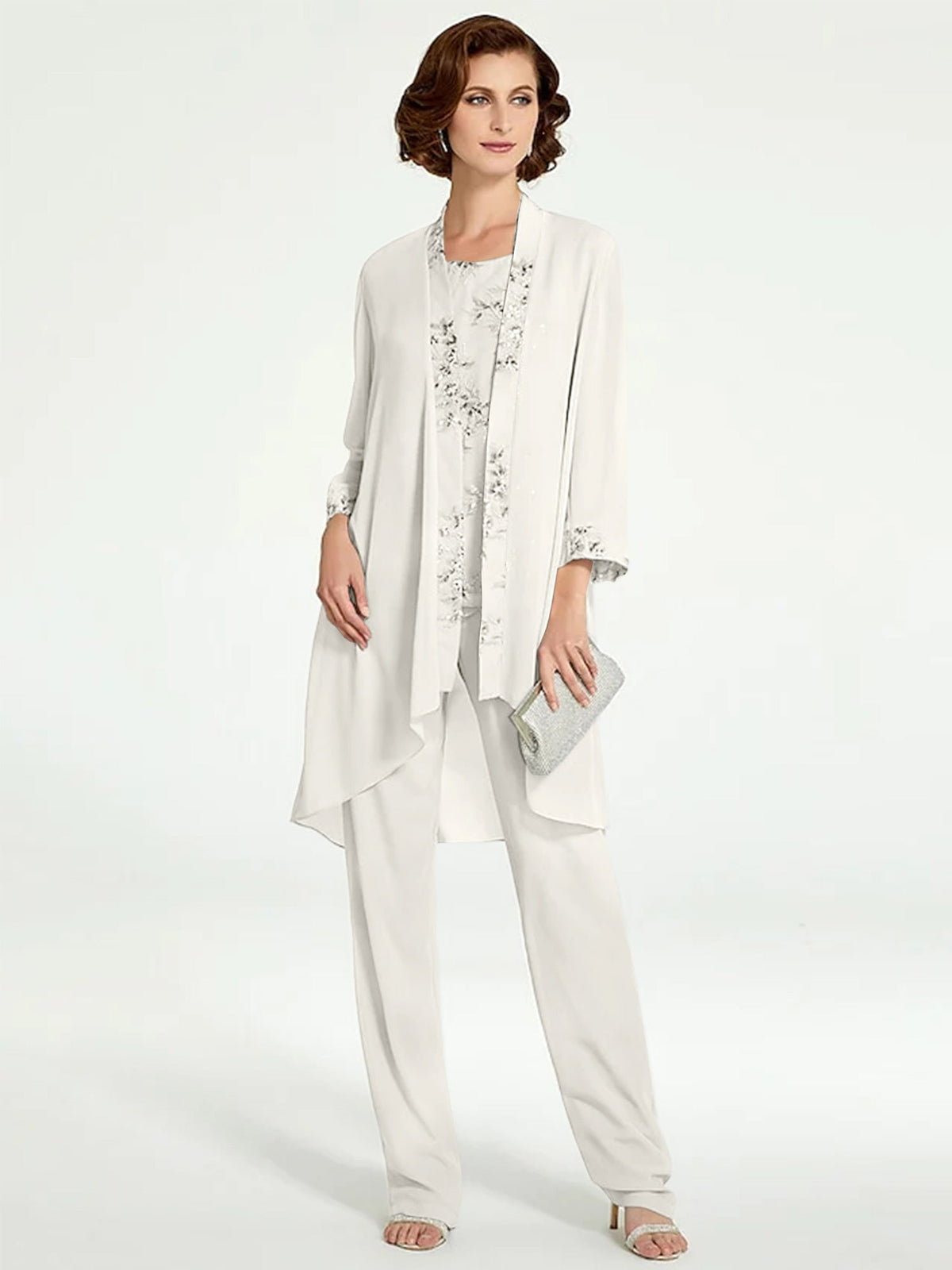 Floor Length Round Neck Chiffon Pantsuits With Jacket For Mother Of The Bride