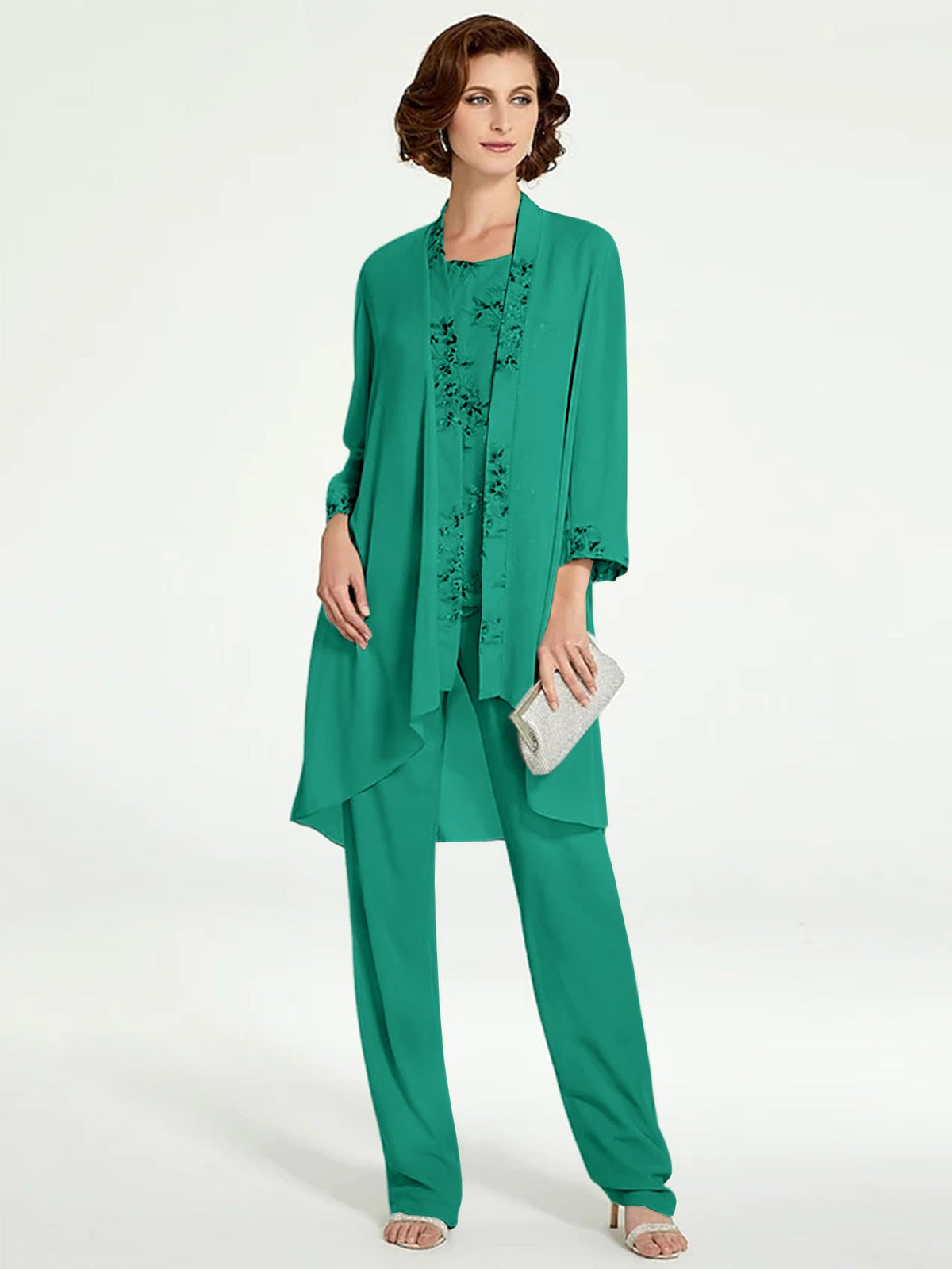 Floor Length Round Neck Chiffon Pantsuits With Jacket For Mother Of The Bride