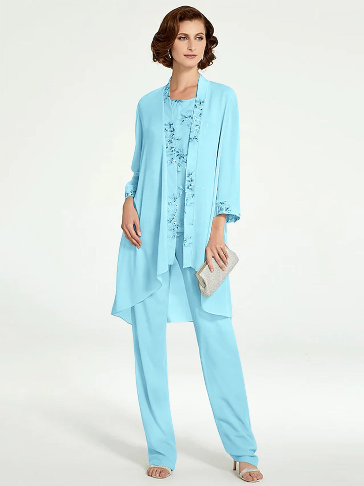 Floor Length Round Neck Chiffon Pantsuits With Jacket For Mother Of The Bride