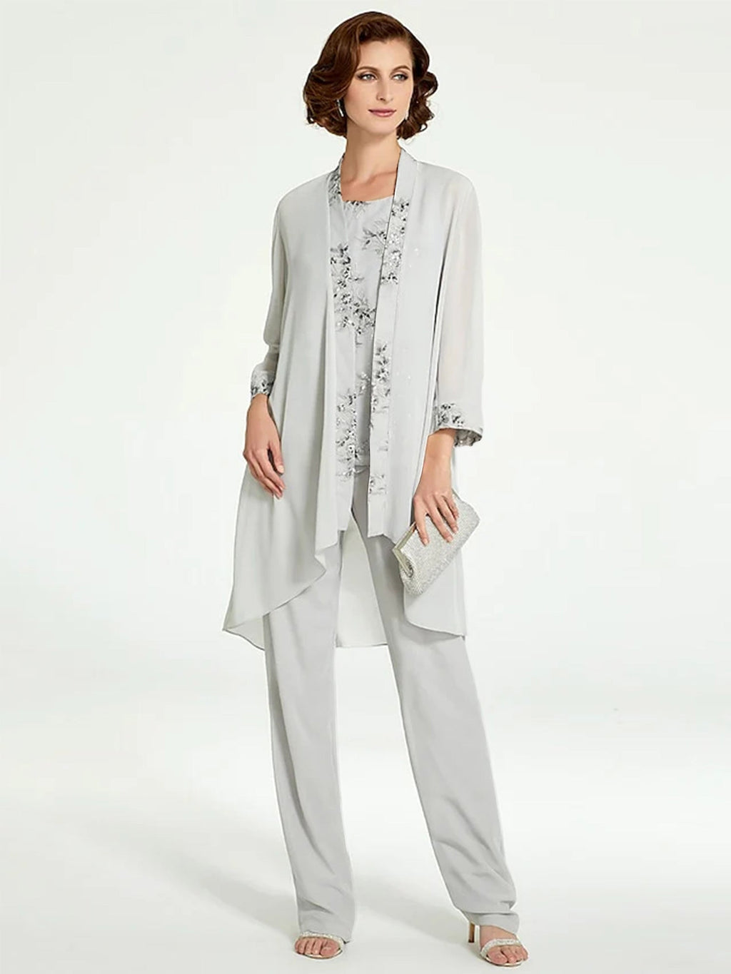Floor Length Round Neck Chiffon Pantsuits With Jacket For Mother Of The Bride
