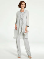 Floor Length Round Neck Chiffon Pantsuits With Jacket For Mother Of The Bride
