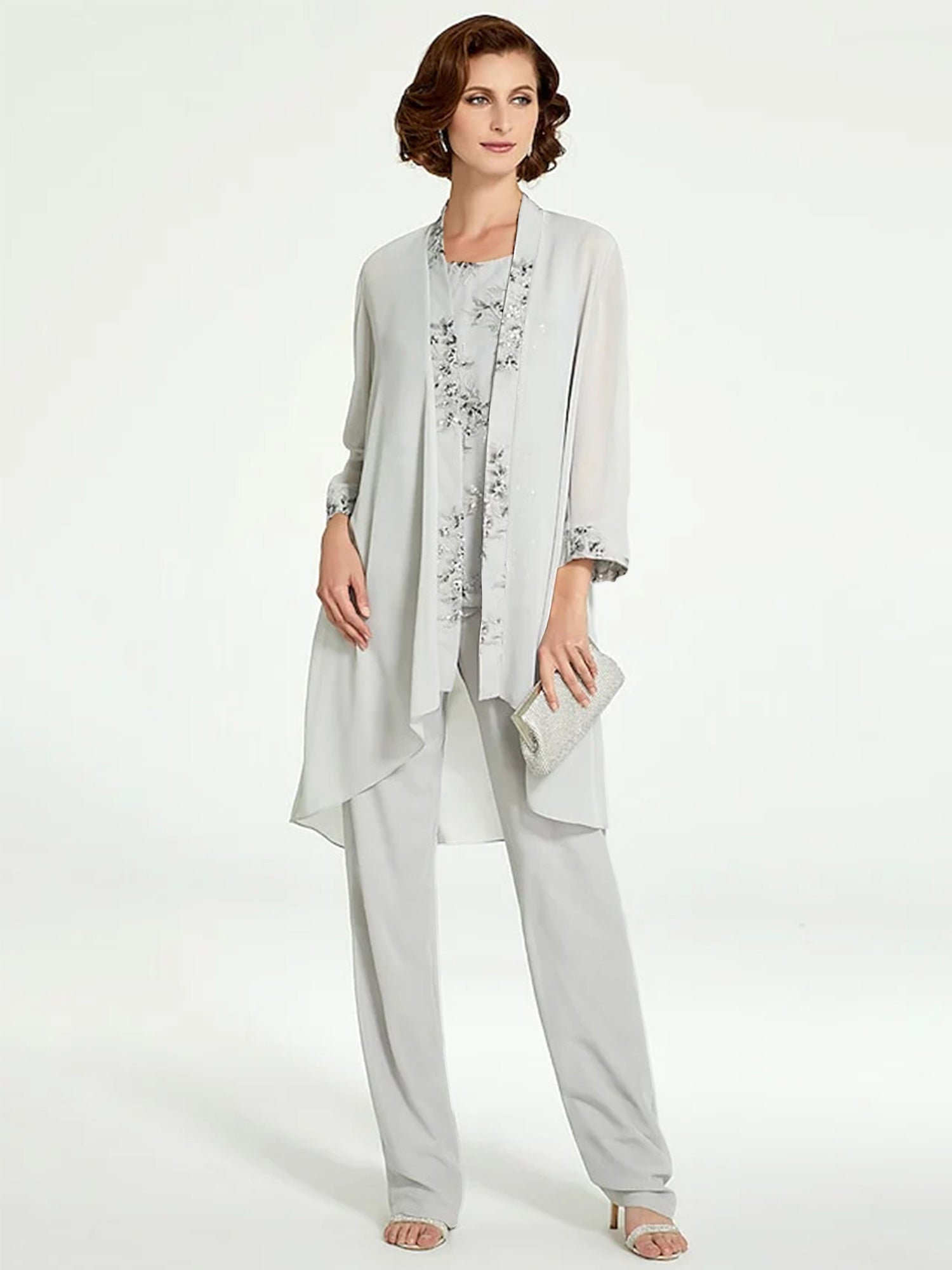 Floor Length Round Neck Chiffon Pantsuits With Jacket For Mother Of The Bride
