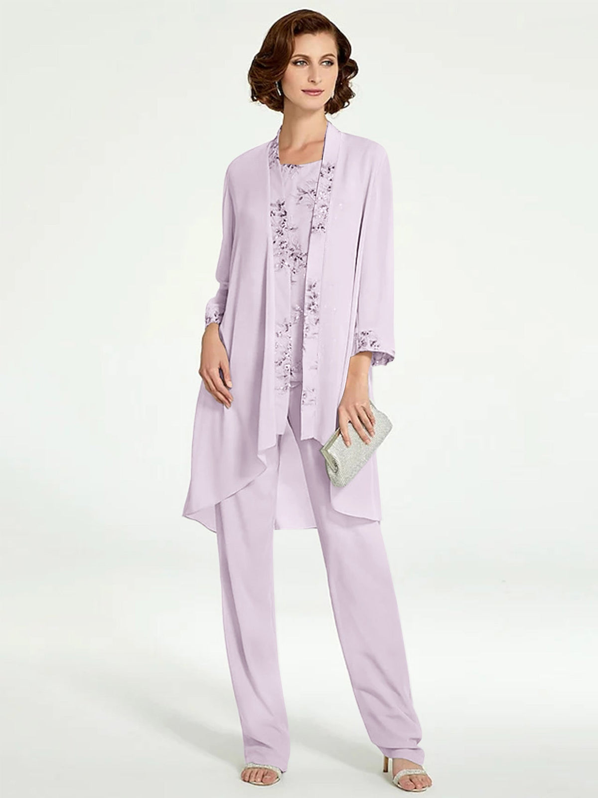 Floor Length Round Neck Chiffon Pantsuits With Jacket For Mother Of The Bride