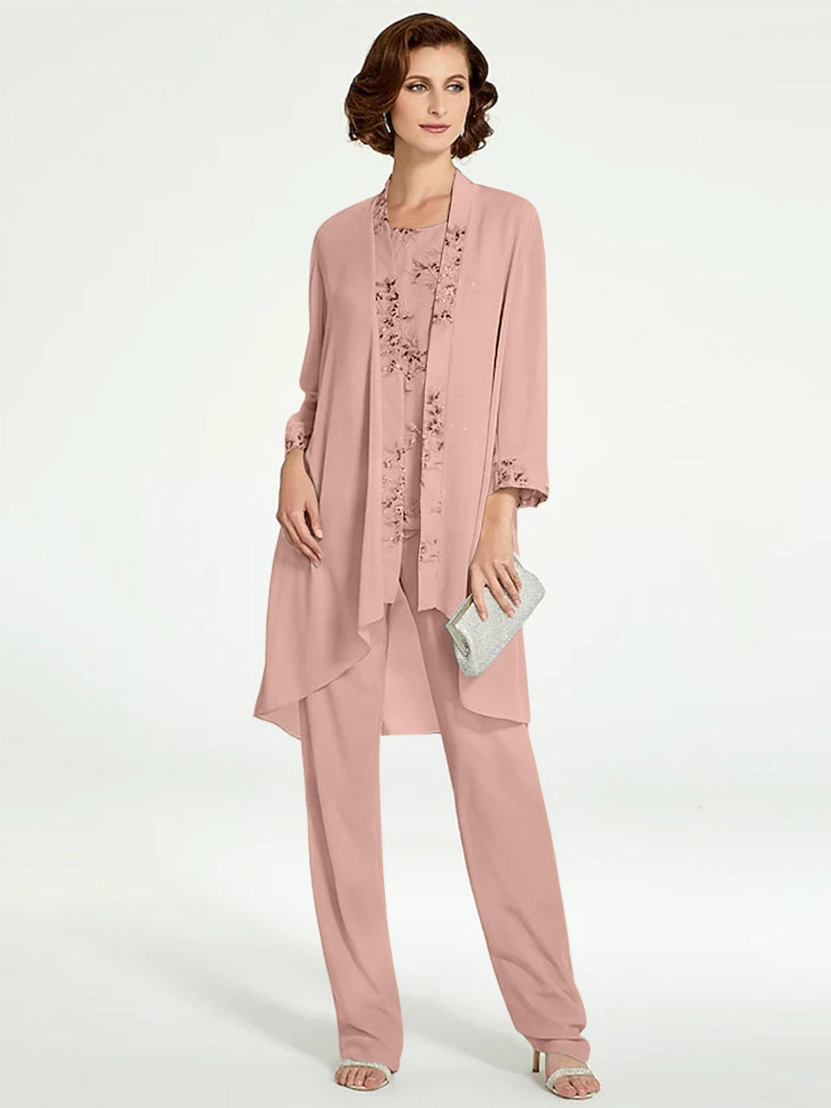 Floor Length Round Neck Chiffon Pantsuits With Jacket For Mother Of The Bride