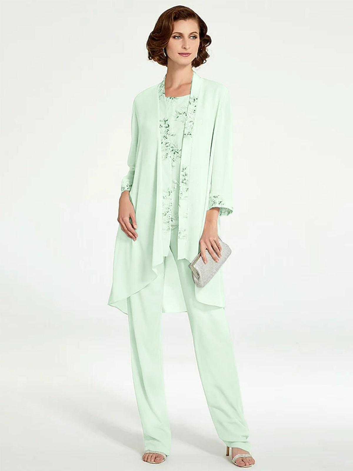 Floor Length Round Neck Chiffon Pantsuits With Jacket For Mother Of The Bride