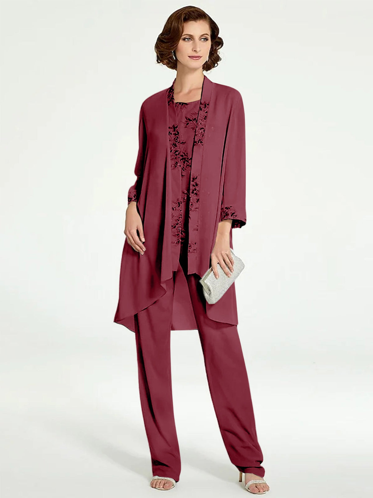 Floor Length Round Neck Chiffon Pantsuits With Jacket For Mother Of The Bride