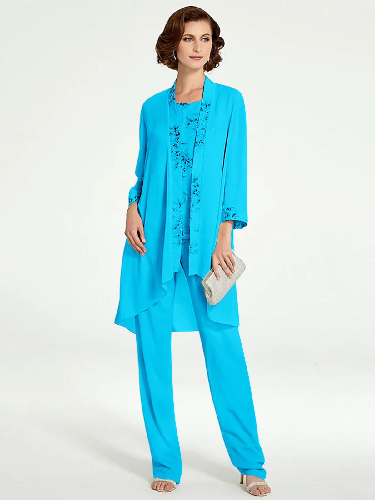 Floor Length Round Neck Chiffon Pantsuits With Jacket For Mother Of The Bride
