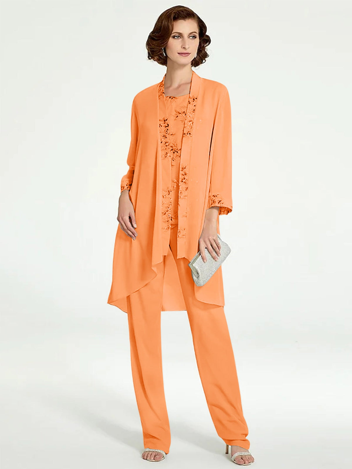 Floor Length Round Neck Chiffon Pantsuits With Jacket For Mother Of The Bride
