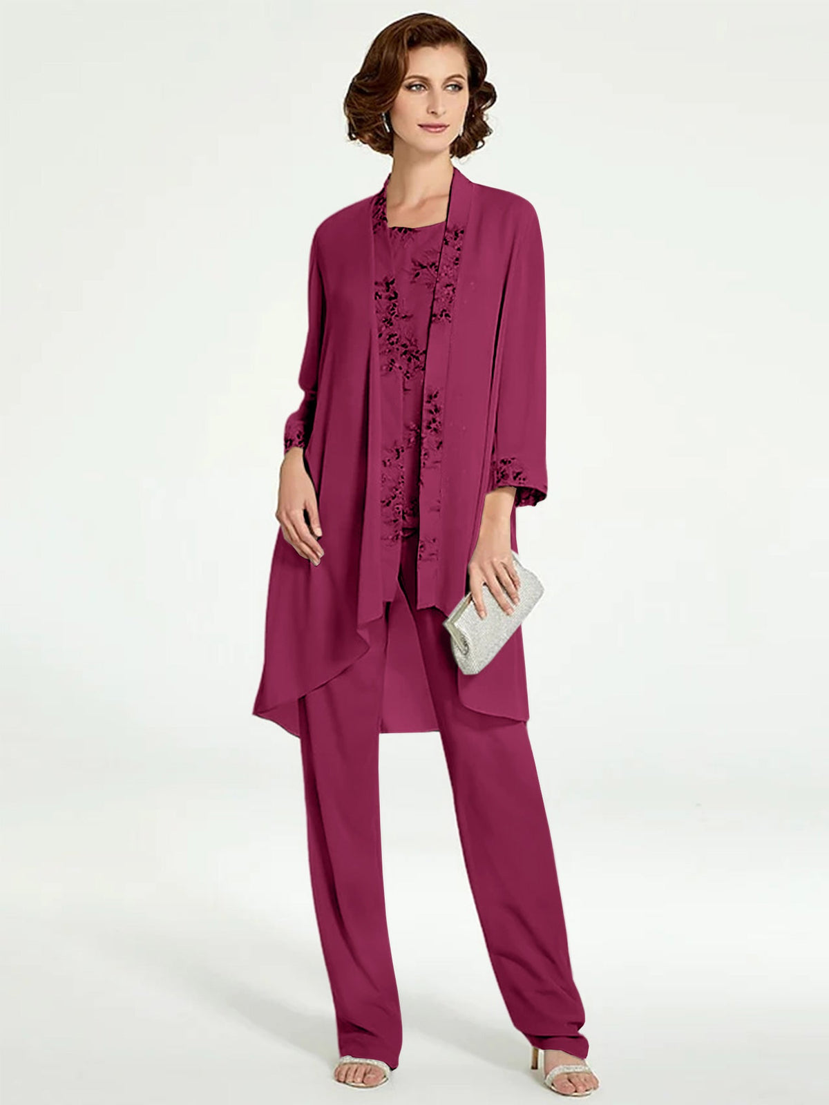 Floor Length Round Neck Chiffon Pantsuits With Jacket For Mother Of The Bride