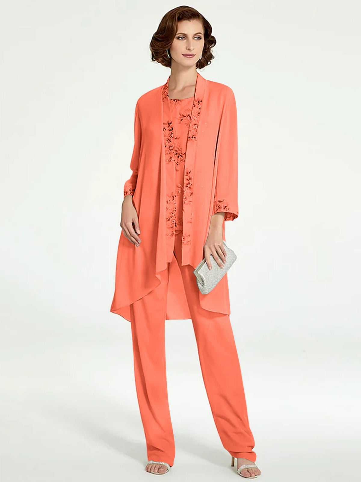 Floor Length Round Neck Chiffon Pantsuits With Jacket For Mother Of The Bride