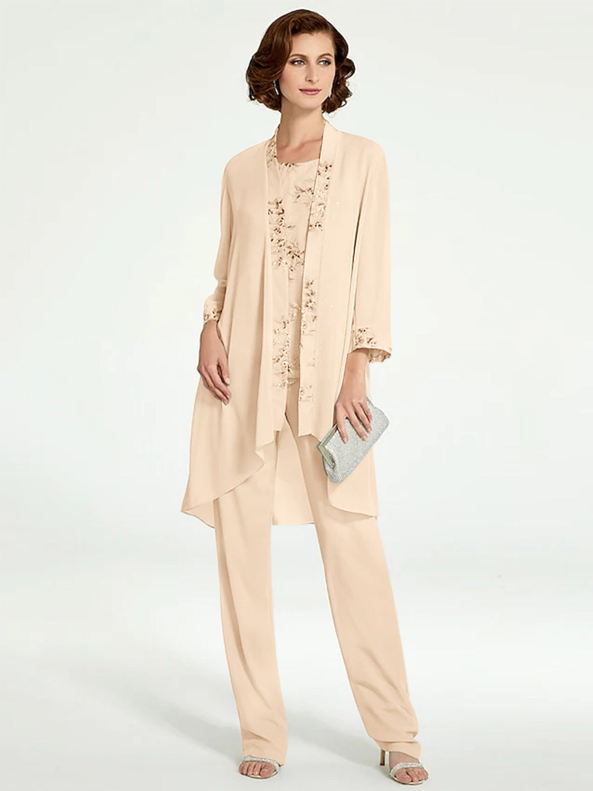 Floor Length Round Neck Chiffon Pantsuits With Jacket For Mother Of The Bride