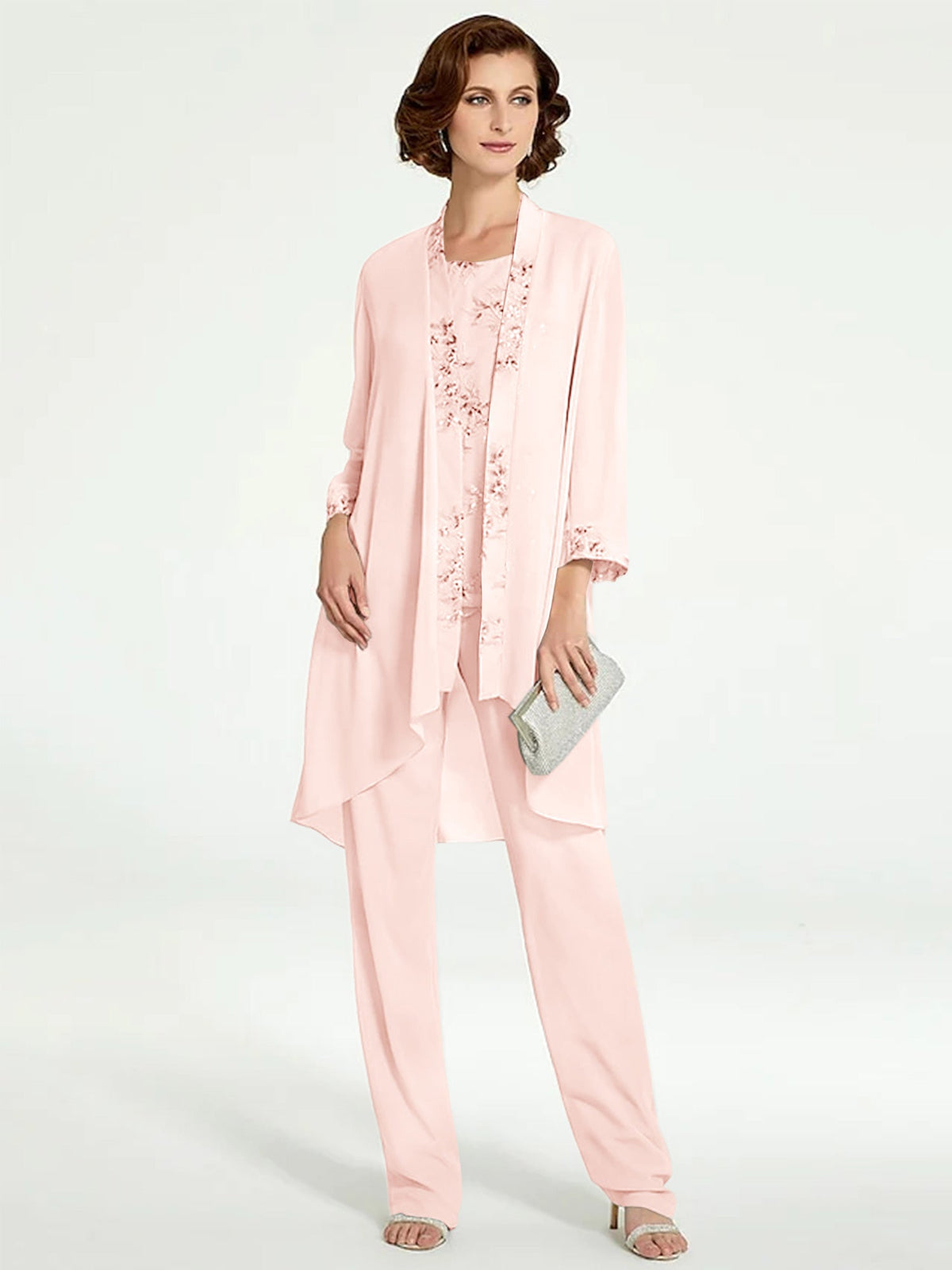 Floor Length Round Neck Chiffon Pantsuits With Jacket For Mother Of The Bride