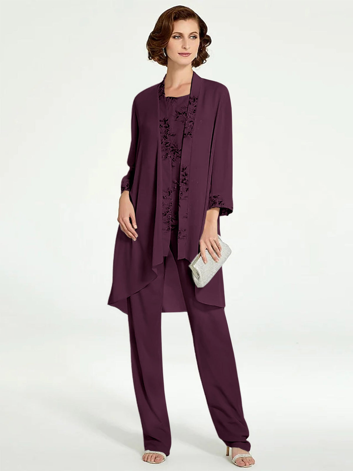 Floor Length Round Neck Chiffon Pantsuits With Jacket For Mother Of The Bride