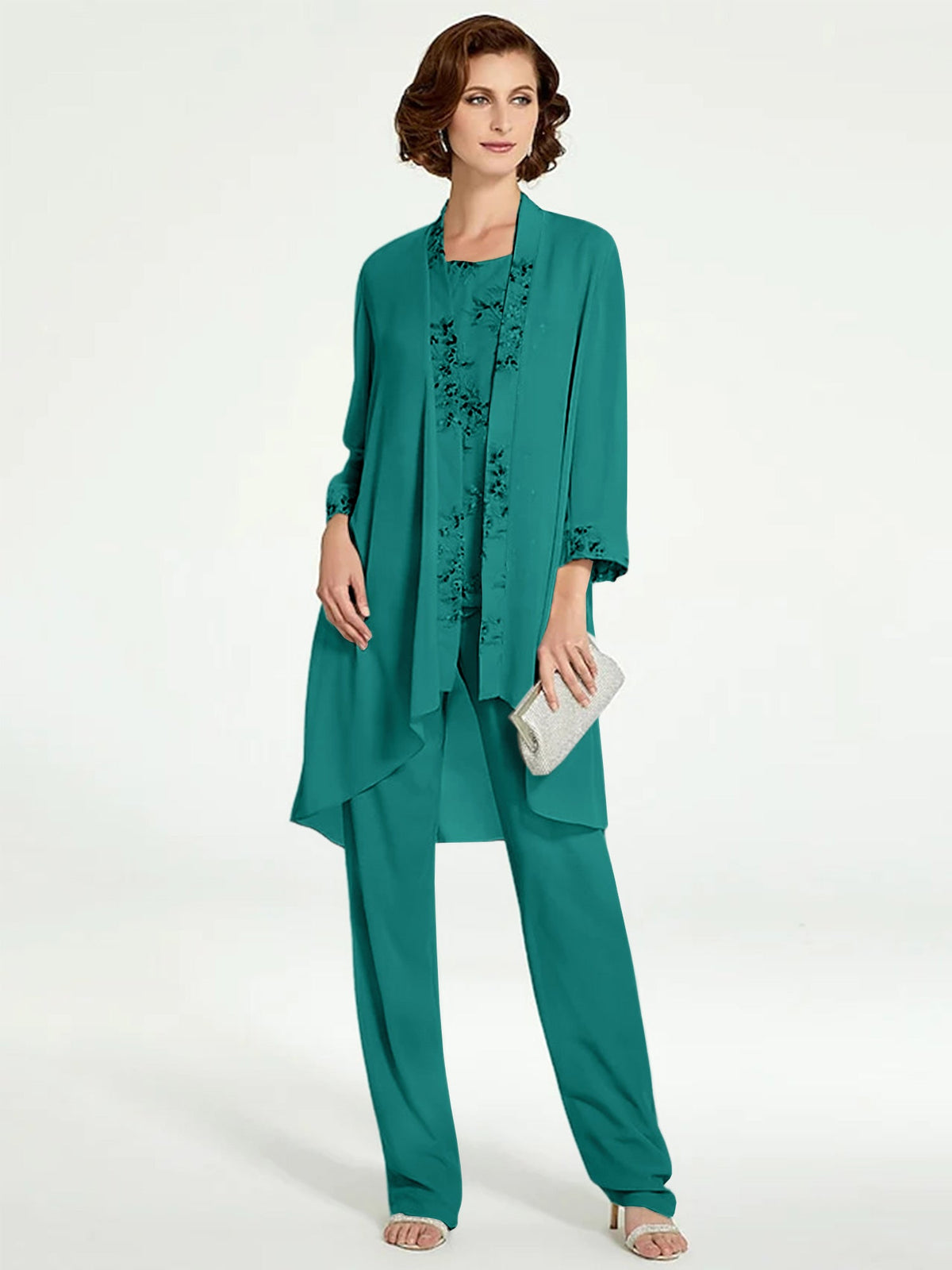 Floor Length Round Neck Chiffon Pantsuits With Jacket For Mother Of The Bride
