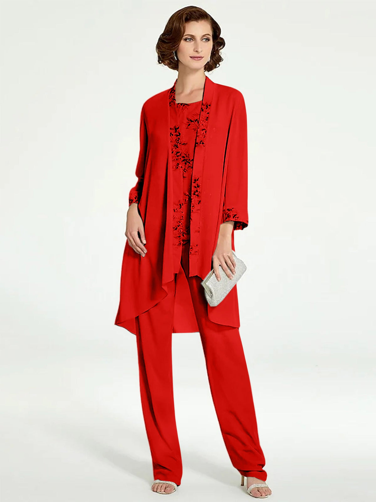 Floor Length Round Neck Chiffon Pantsuits With Jacket For Mother Of The Bride