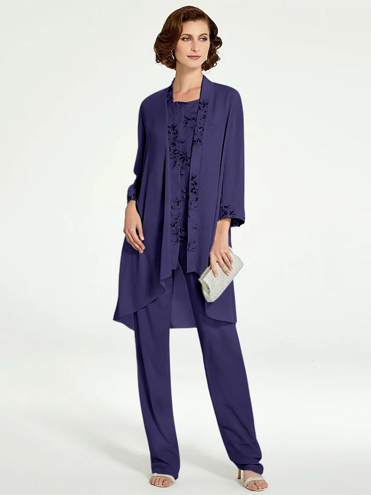 Floor Length Round Neck Chiffon Pantsuits With Jacket For Mother Of The Bride