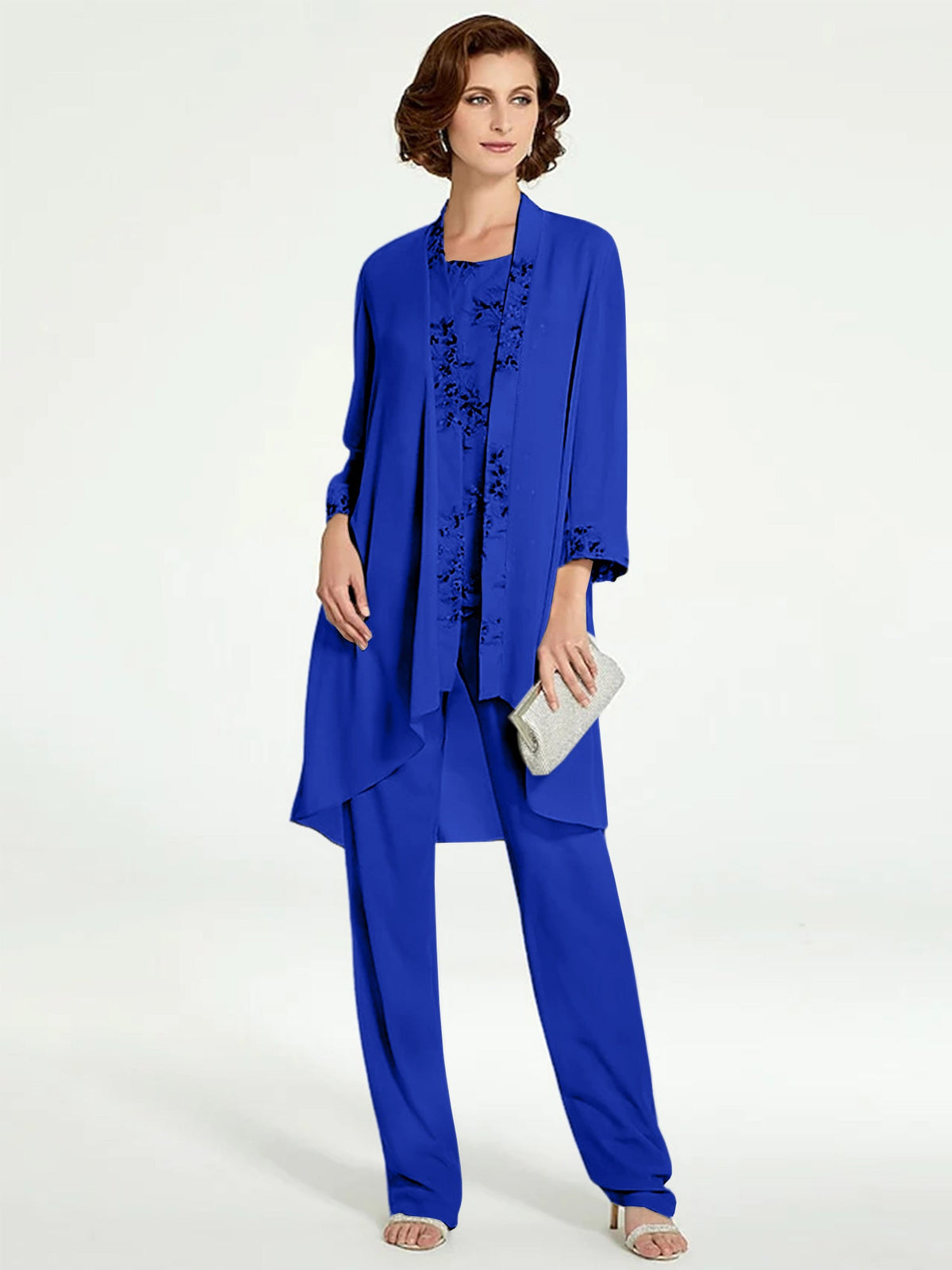 Floor Length Round Neck Chiffon Pantsuits With Jacket For Mother Of The Bride