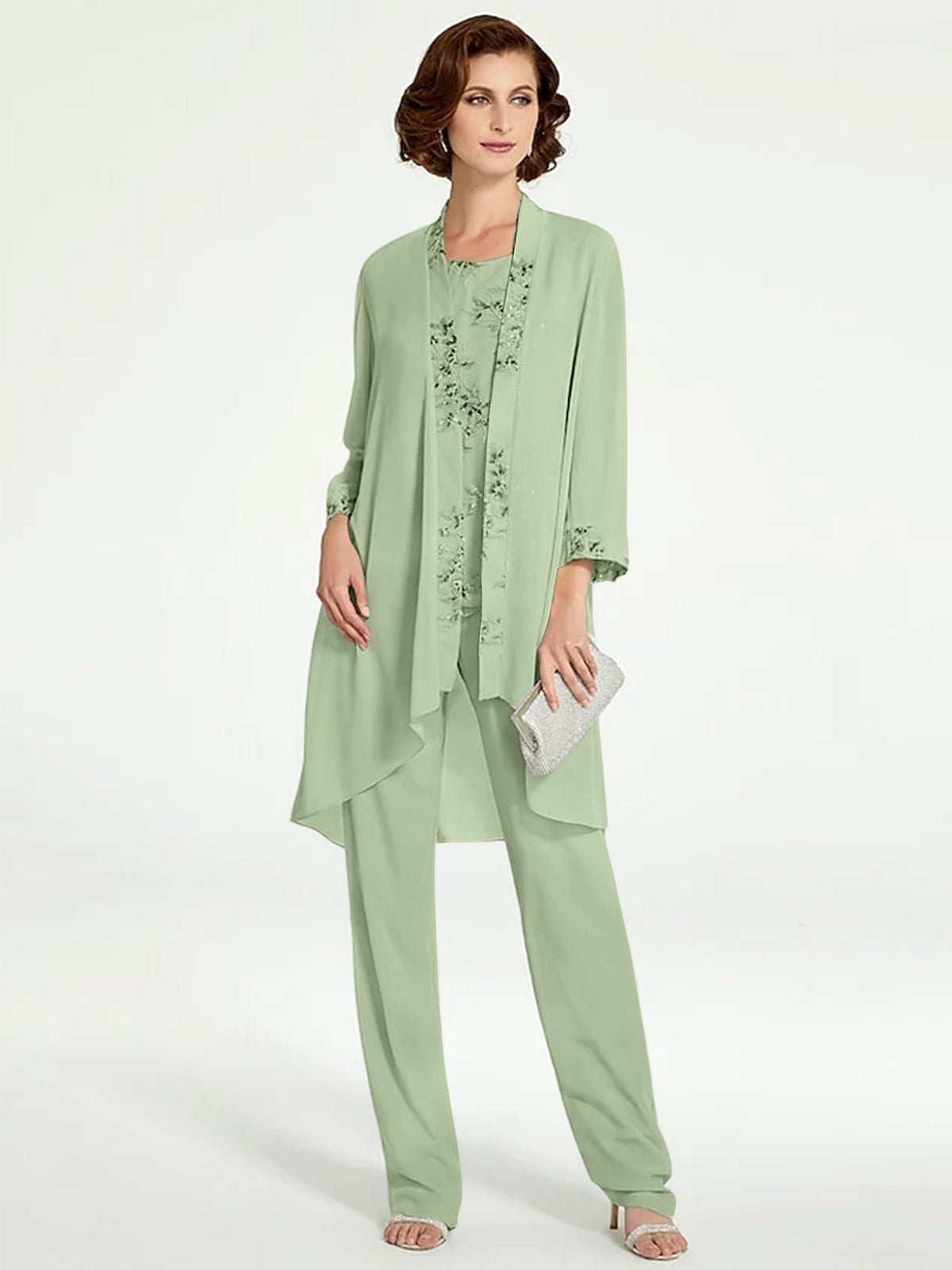 Floor Length Round Neck Chiffon Pantsuits With Jacket For Mother Of The Bride