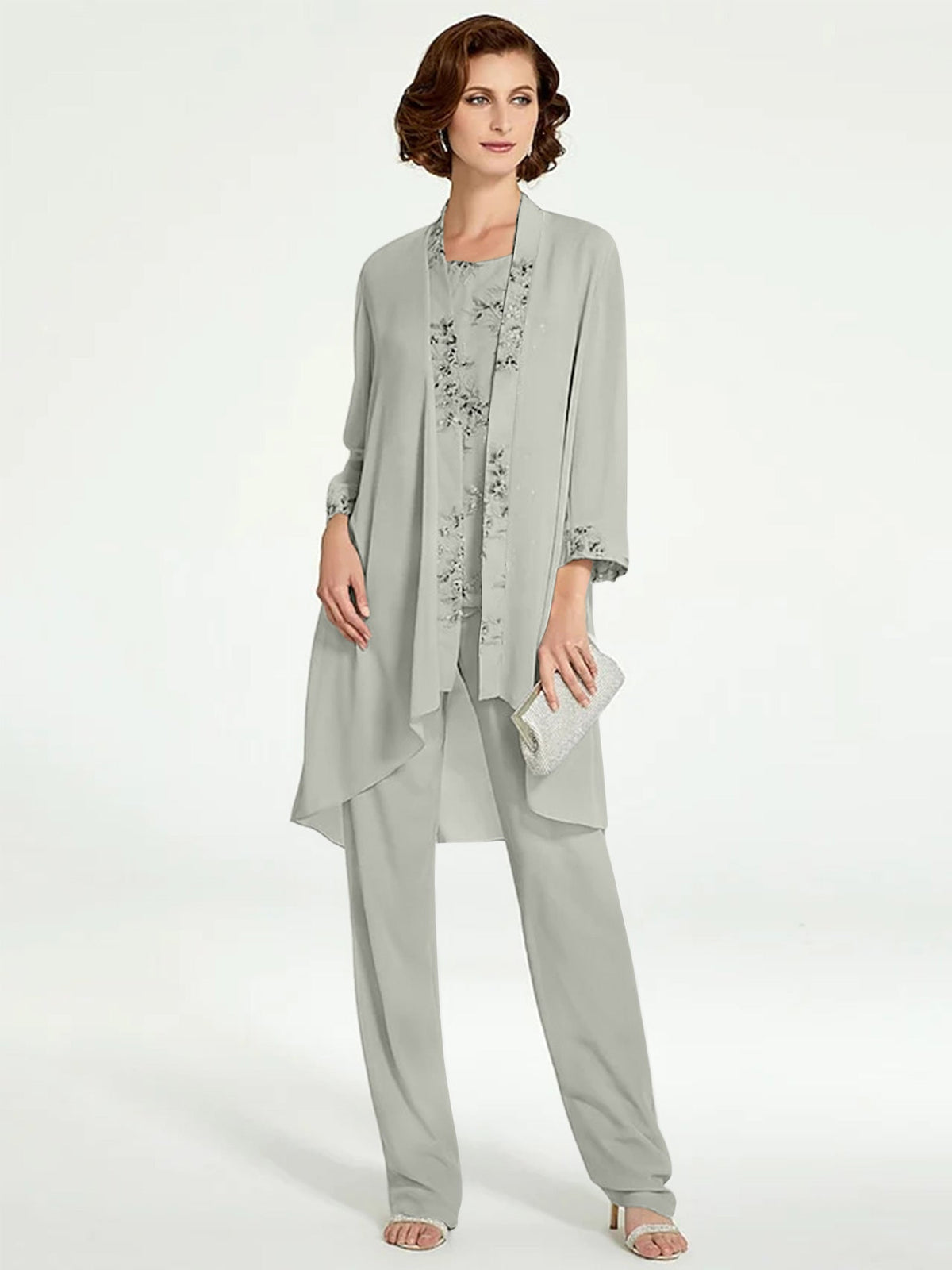 Floor Length Round Neck Chiffon Pantsuits With Jacket For Mother Of The Bride