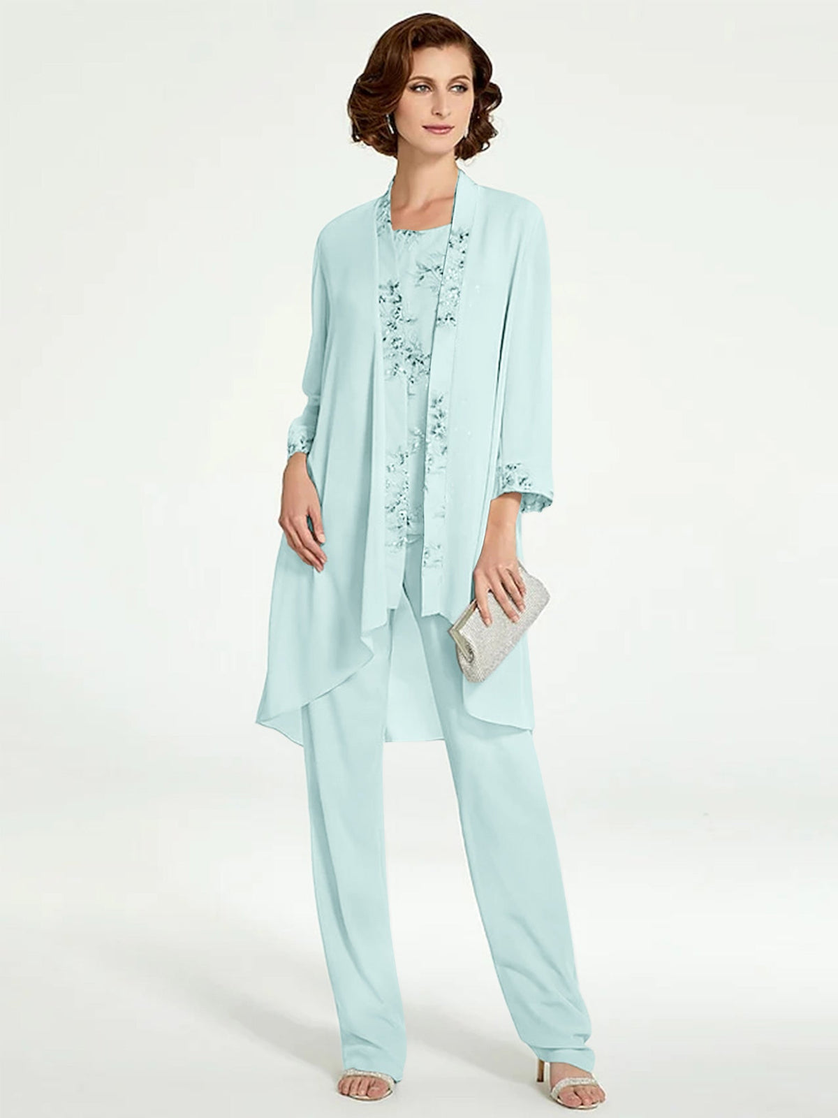 Floor Length Round Neck Chiffon Pantsuits With Jacket For Mother Of The Bride