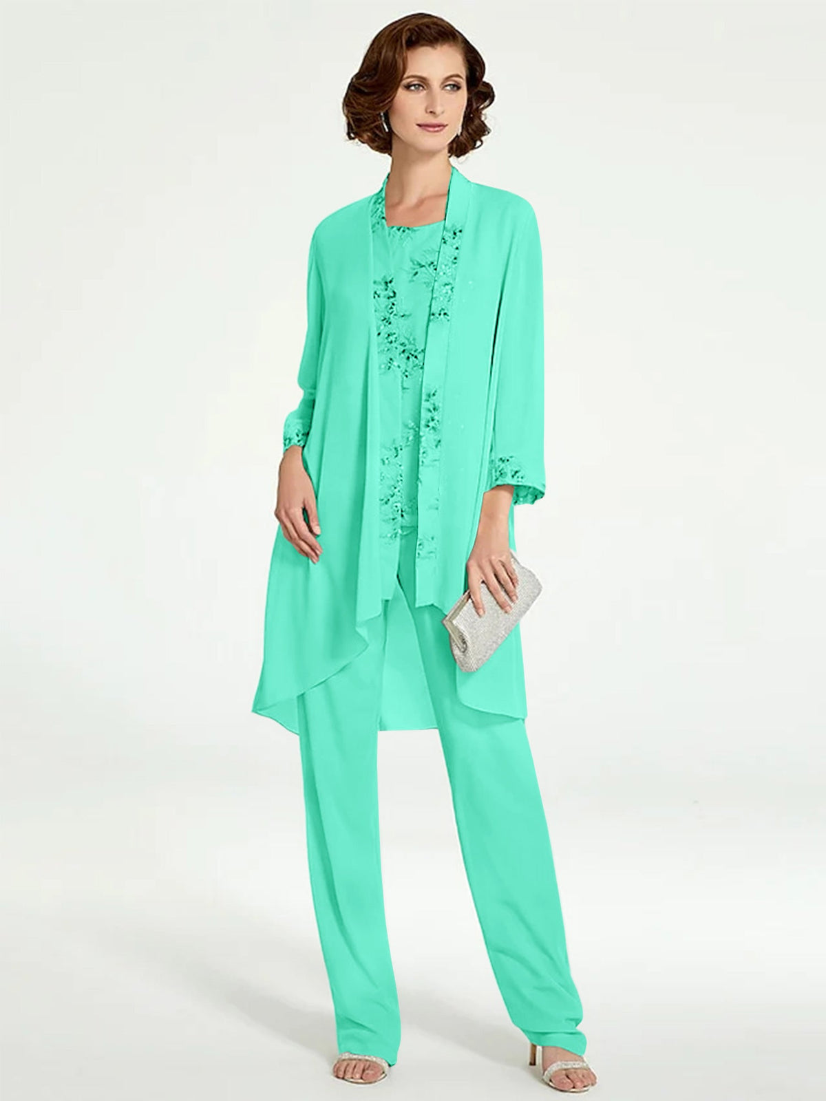 Floor Length Round Neck Chiffon Pantsuits With Jacket For Mother Of The Bride