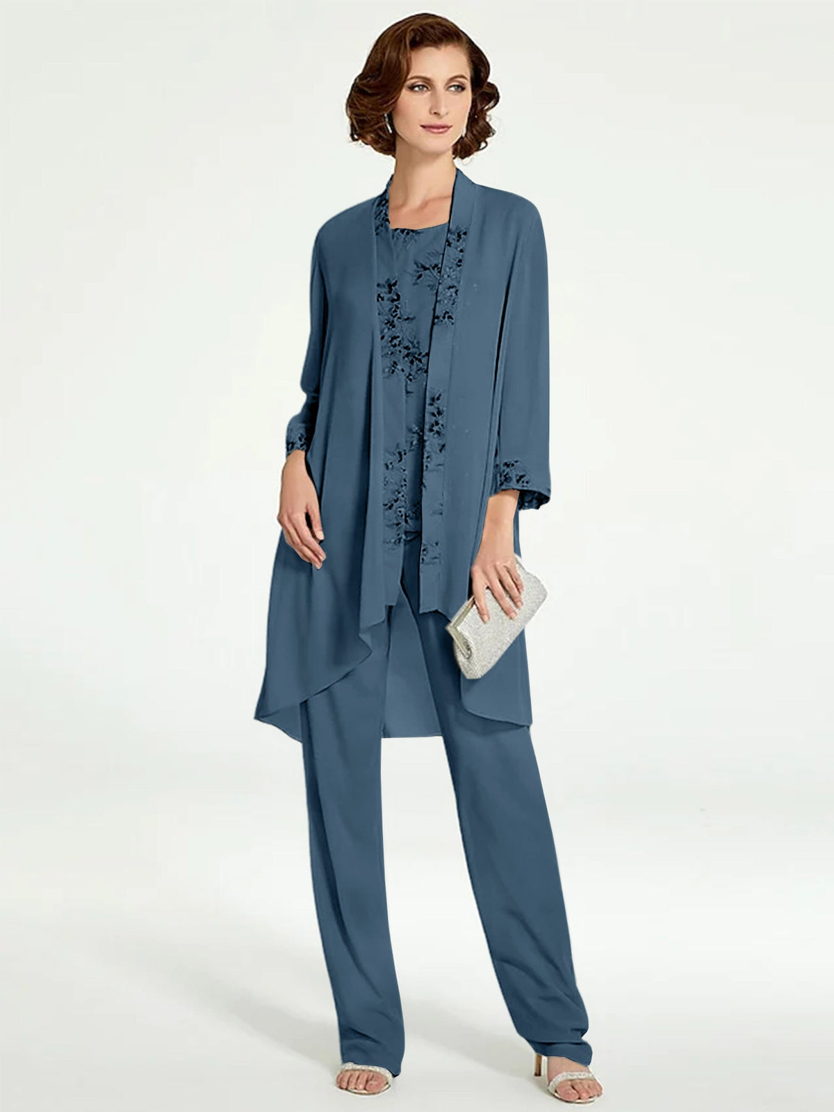 Floor Length Round Neck Chiffon Pantsuits With Jacket For Mother Of The Bride