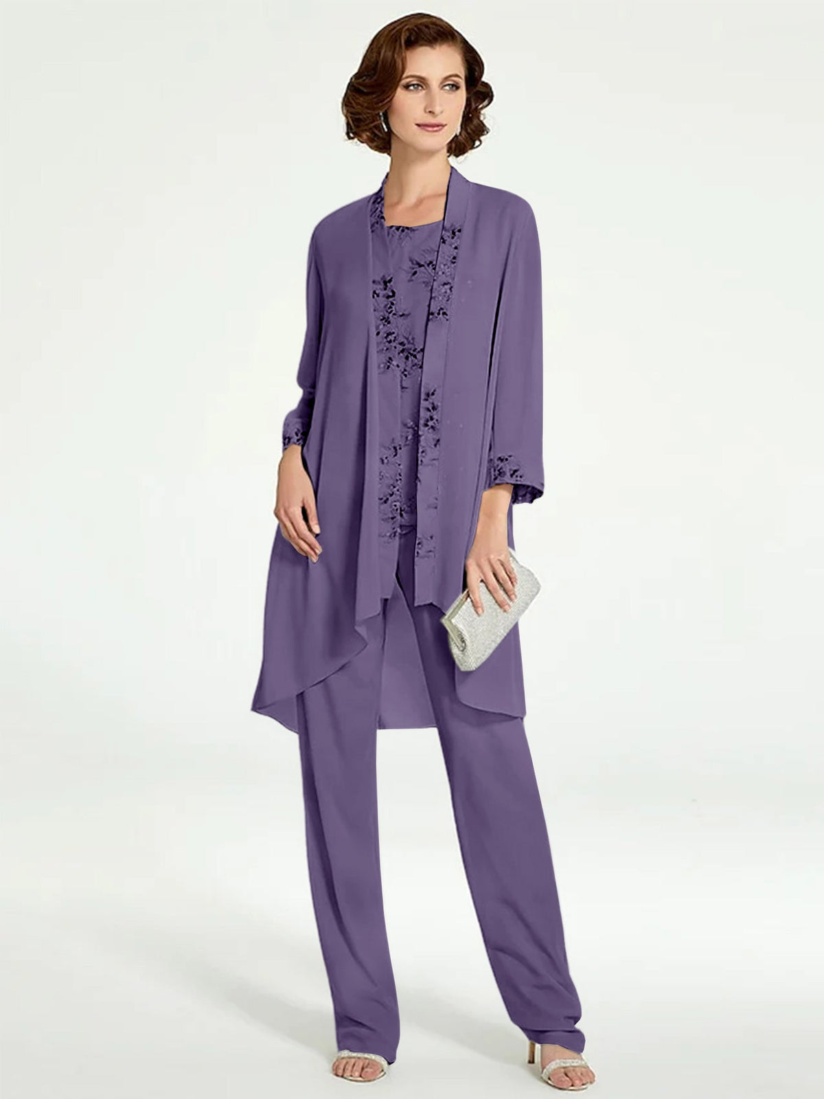 Floor Length Round Neck Chiffon Pantsuits With Jacket For Mother Of The Bride