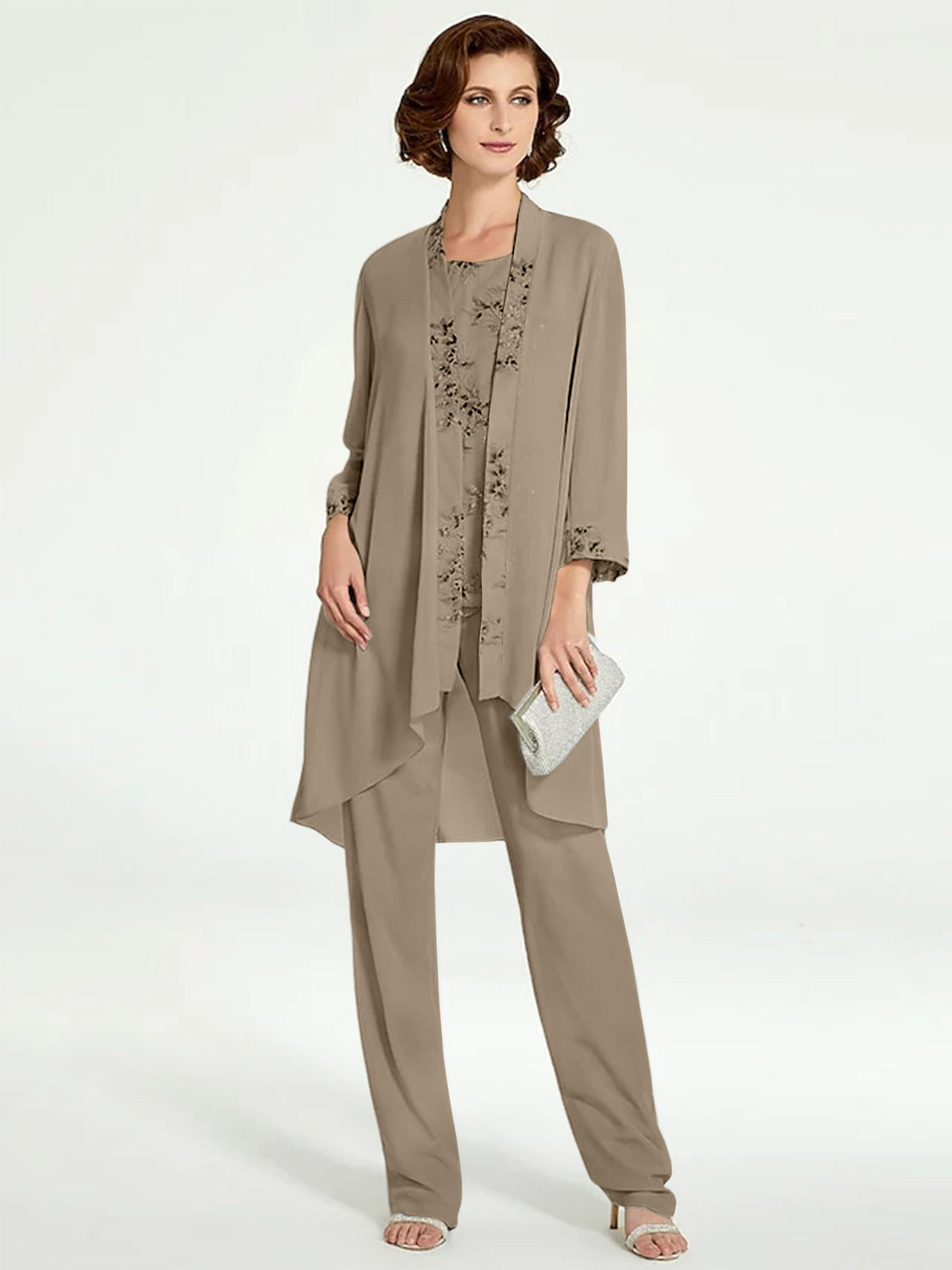 Floor Length Round Neck Chiffon Pantsuits With Jacket For Mother Of The Bride