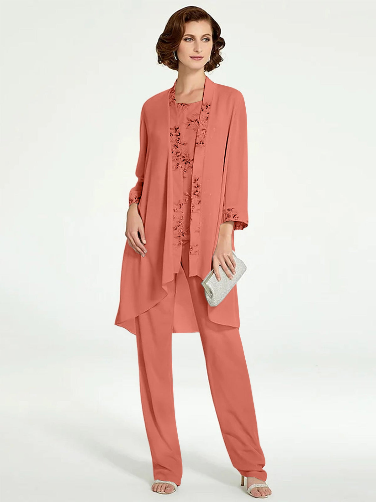 Floor Length Round Neck Chiffon Pantsuits With Jacket For Mother Of The Bride