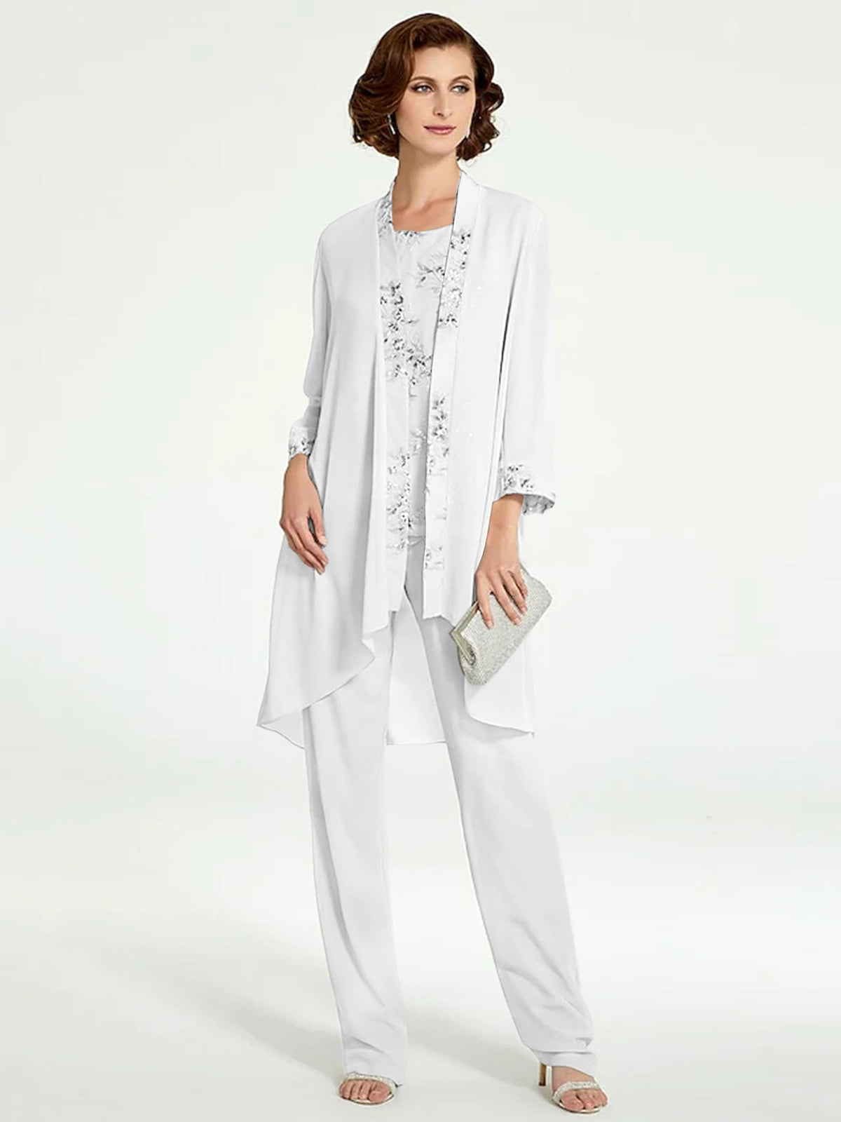 Floor Length Round Neck Chiffon Pantsuits With Jacket For Mother Of The Bride