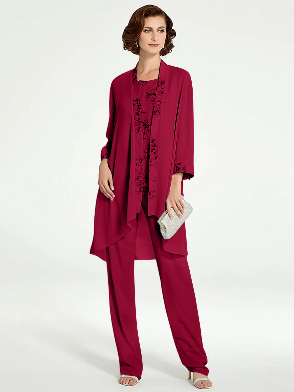 Floor Length Round Neck Chiffon Pantsuits With Jacket For Mother Of The Bride