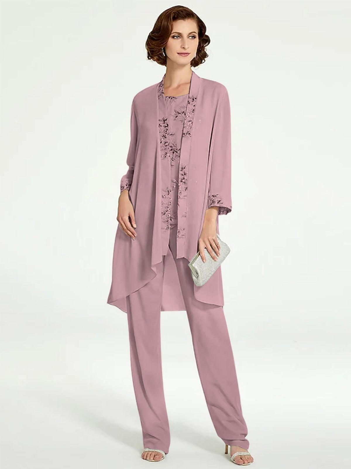 Floor Length Round Neck Chiffon Pantsuits With Jacket For Mother Of The Bride