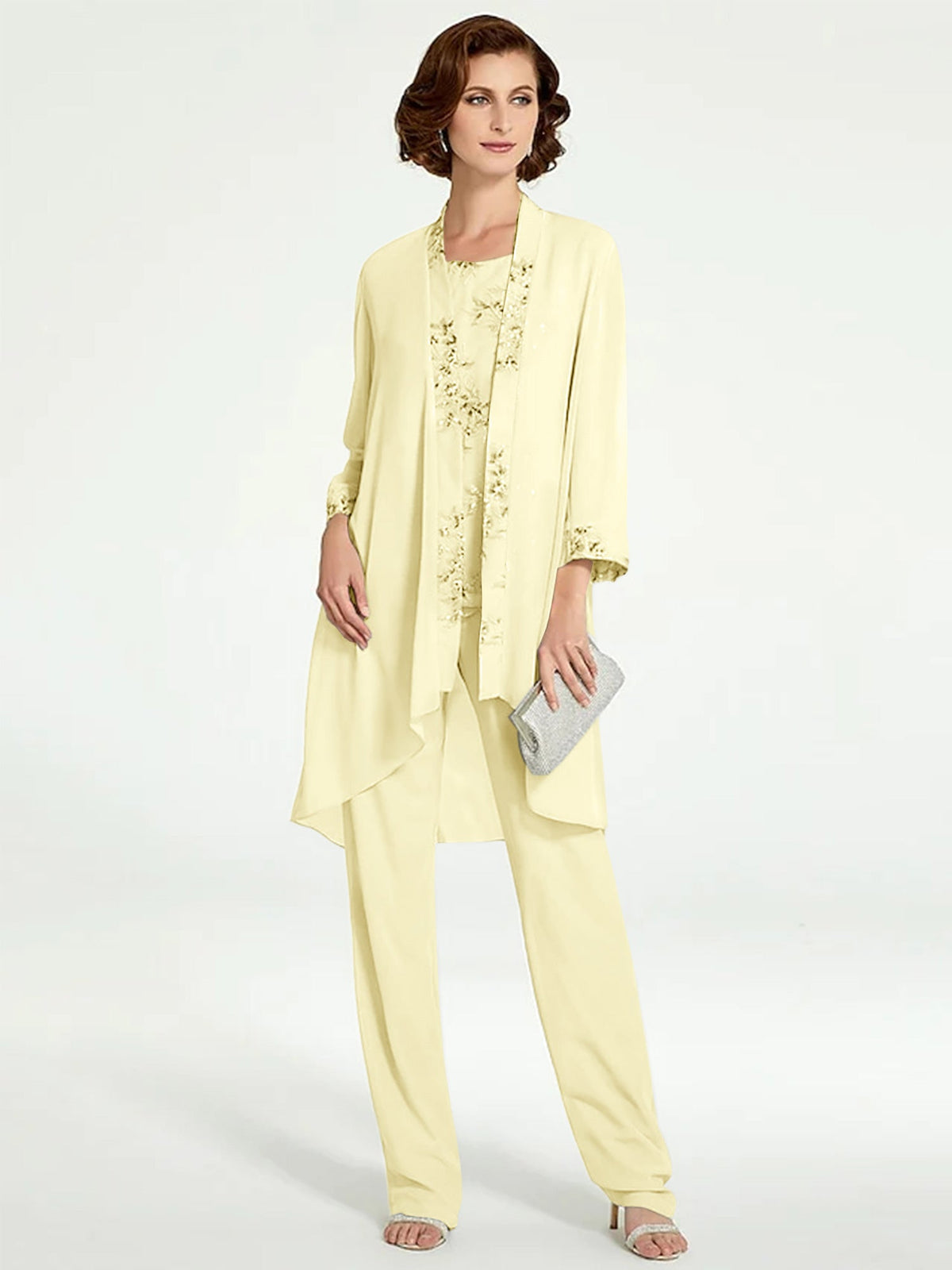 Floor Length Round Neck Chiffon Pantsuits With Jacket For Mother Of The Bride