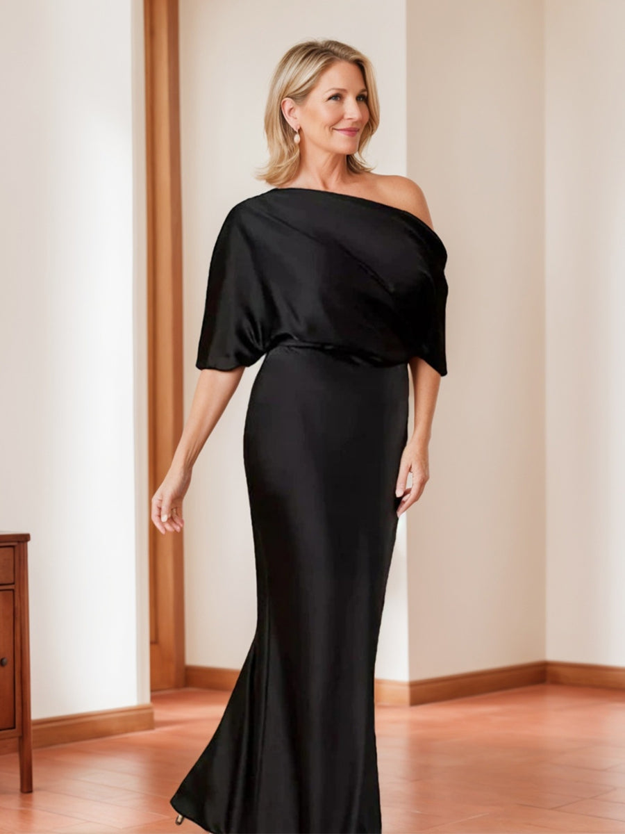 Elegant Plus Size Mother Of The Bride One Shoulder Sheath Dress Half Sleeves
