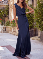 V Neck Sleeveless Floor Length Gown For Mother Of The Bride Ruched Details