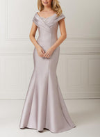 Off Shoulder Satin Mother Of The Bride Dress Trumpet Mermaid Beaded Applique