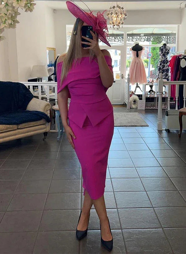 Robes de mère de la mariée à gaine/colonne, décolletées aux épaules, longueur thé