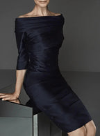 فساتين أم العروس ساتان بطول الركبة بأكمام نصفية مكشوفة الكتفين مع غطاء عمودي