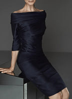 Off Shoulder Satin Mother Of The Bride Dress With Half Sleeves Knee Length