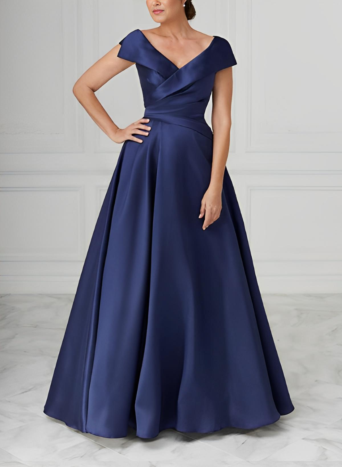V Neck Satin A Line Mother Of The Bride Dresses With Ruched Details