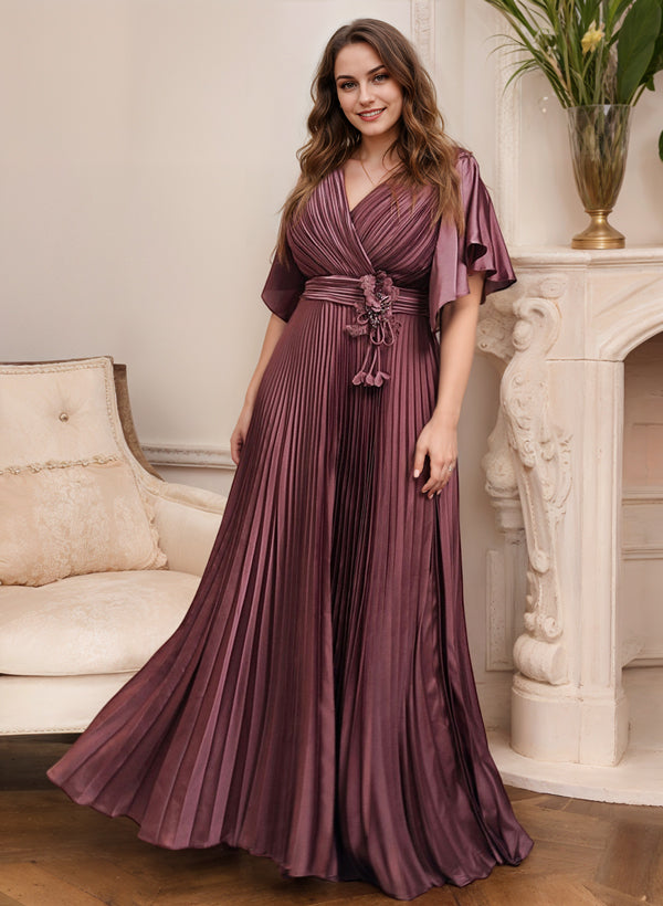 Elegant V Neck A Line Mother Of The Bride Dress With Belt Short Sleeve