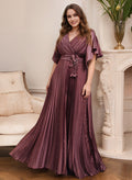 Elegant V Neck A Line Mother Of The Bride Dress With Belt Short Sleeve