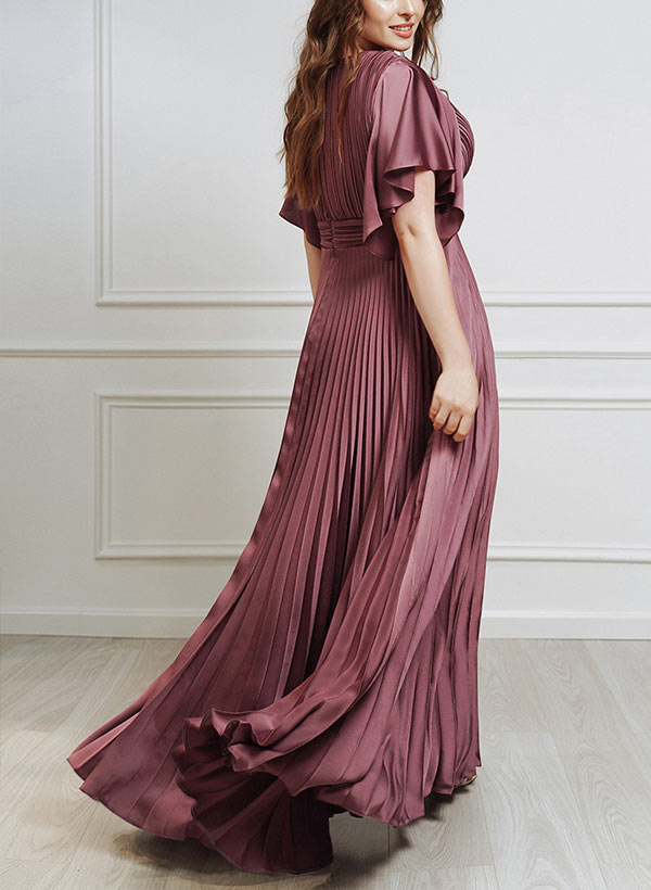 Elegant V Neck A Line Mother Of The Bride Dress With Belt Short Sleeve
