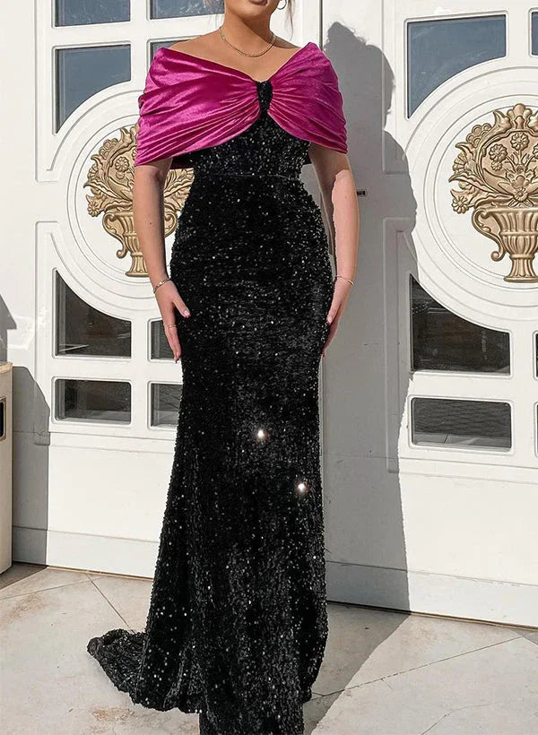 Vestidos de madre de la novia con lentejuelas, escote barco, trompeta/cola de sirena y brillo