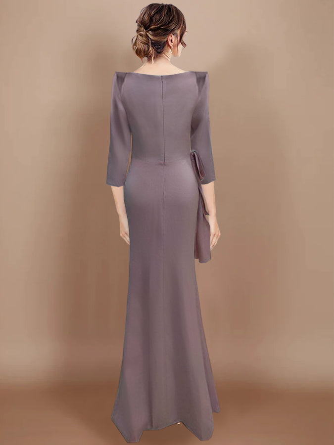 Floor Length Plus Size Mother of the Bride Dress Bow and Three Quarter Sleeves