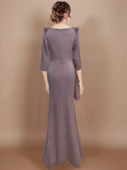 Floor-Length Mother of the Bride Dress with Bow and 3/4 Sleeves in Sheath/Column Style
