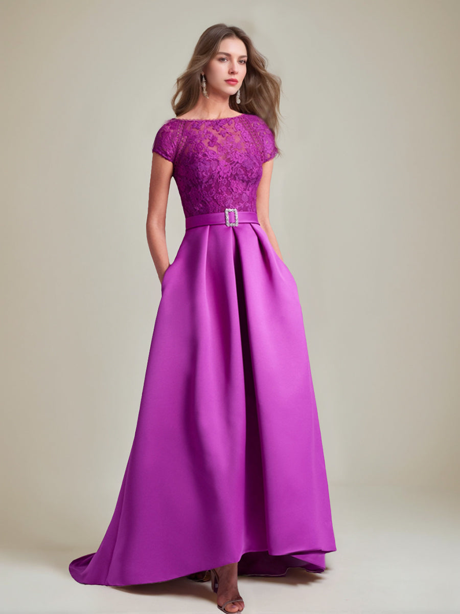 Asymmetrical A-Line Mother of the Bride Dress with Scoop Neck and Short Sleeves