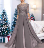 Ankle Length Mother Of The Bride Chiffon Pantsuit With Lace And Jewel Neckline